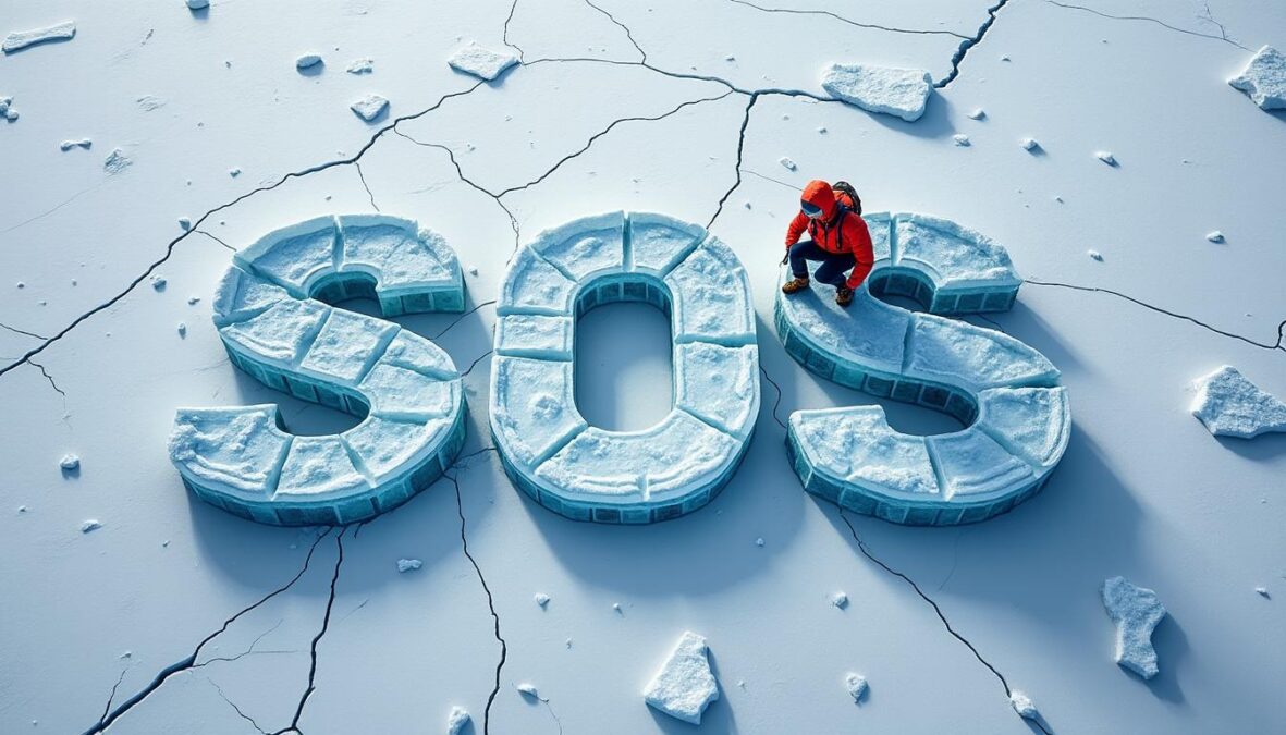 un couple de randonneurs piégé sur la banquise crée un immense sos en blocs de glace pour envoyer un appel désespéré à l'aide.