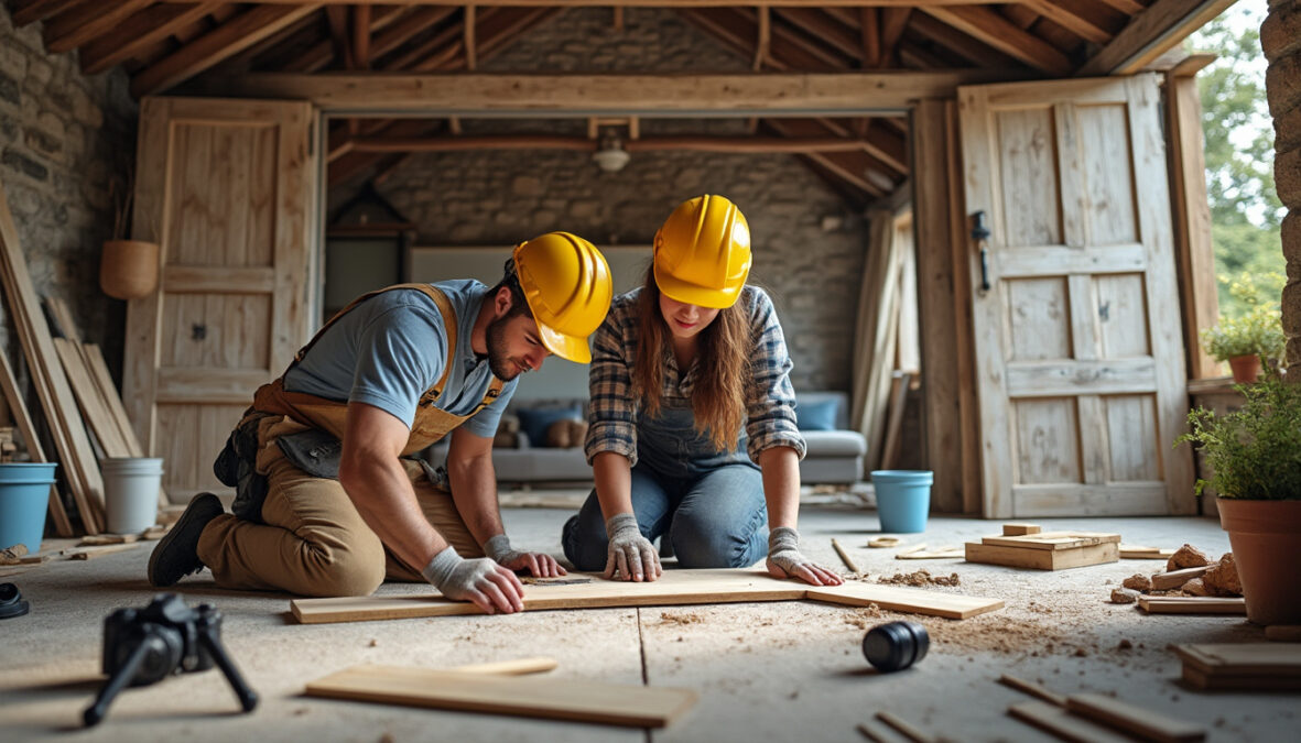 en moins d’un an, un jeune couple transforme seul une grange en maison et partage chaque étape de sa rénovation en vidéo.
